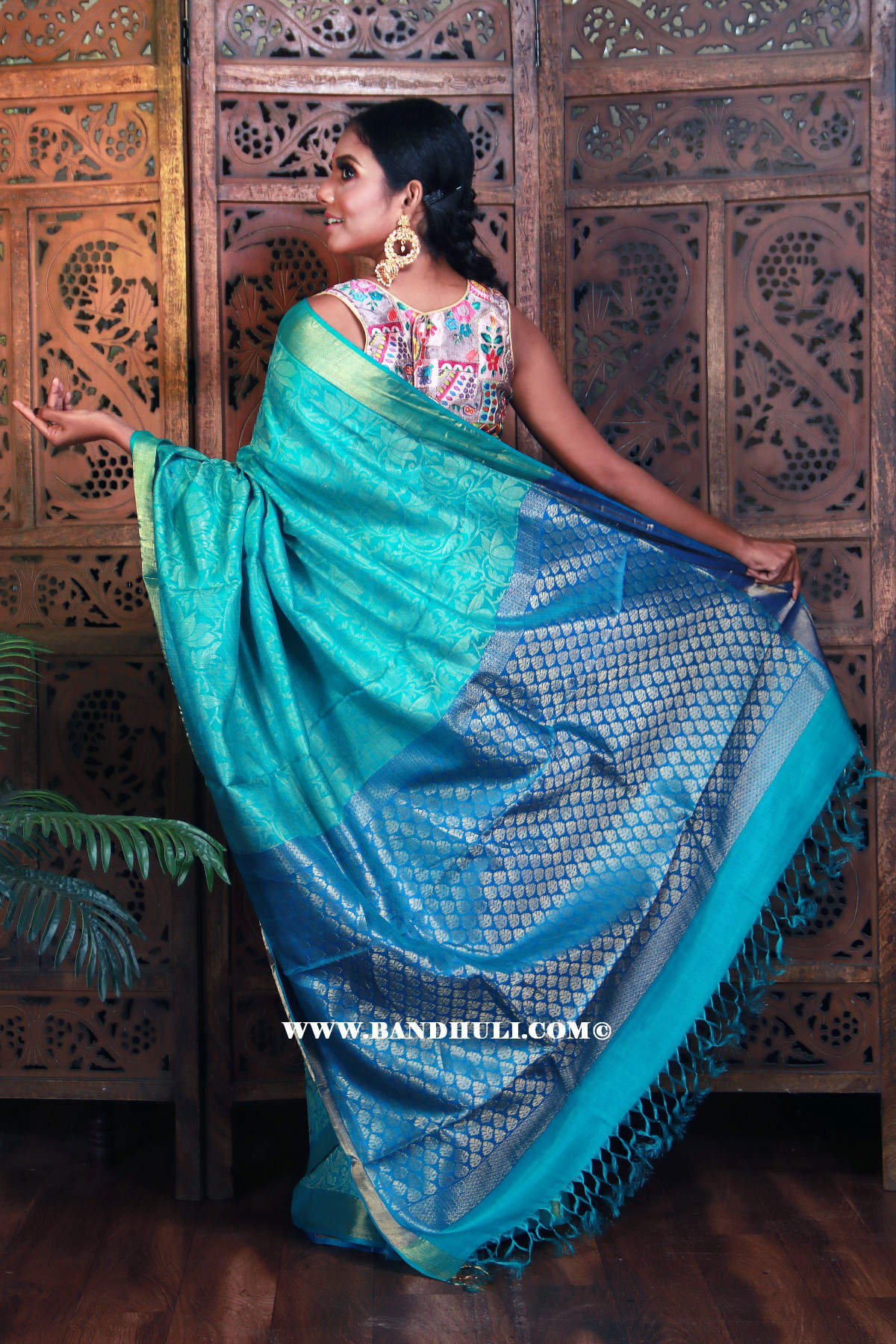 Turquoise Floral Jaal Work Tussar Saree